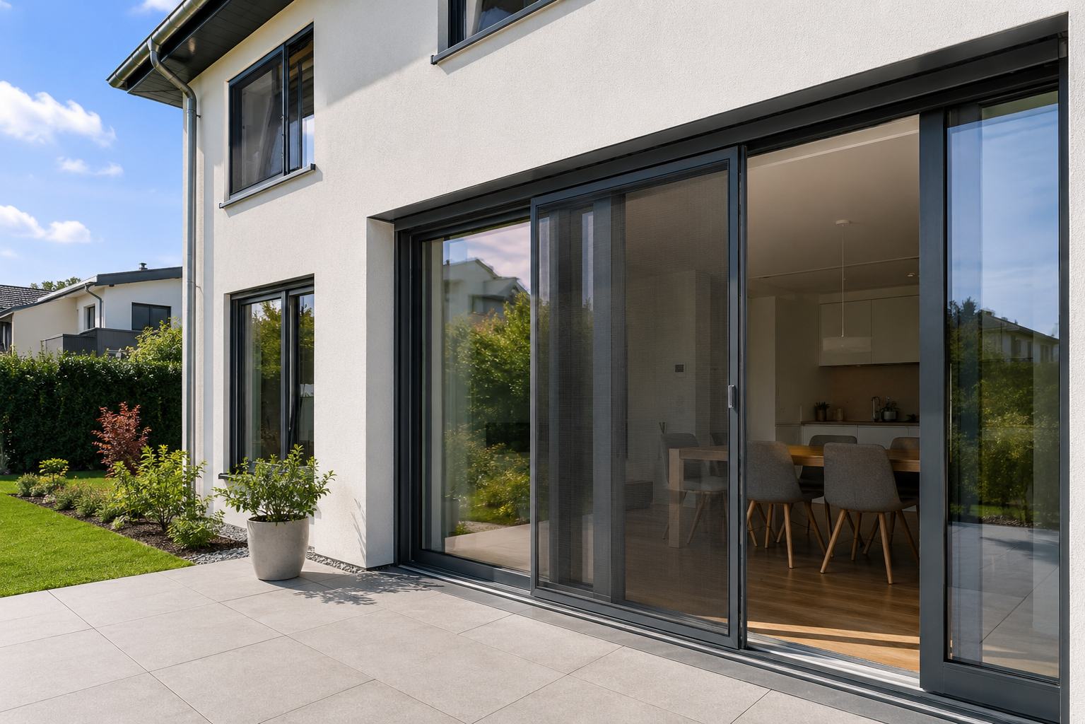 Terrassenschiebetür mit Insektenschutzgitter, montiert von der EDONI AG